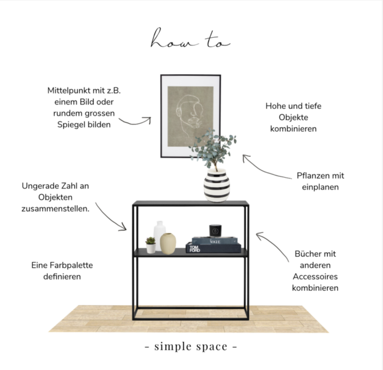 Schön dekoriertes Regal mit Büchern, Vasen und Deko-Objekten