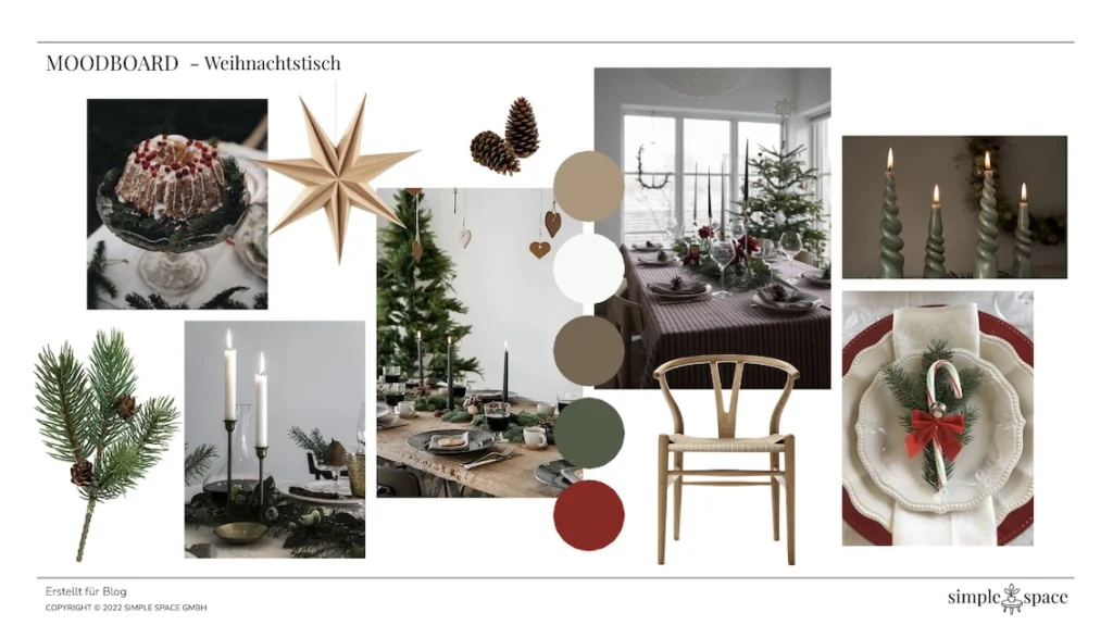 Weihnachtstisch-Moodboard mit festlichen Dekorationselementen
