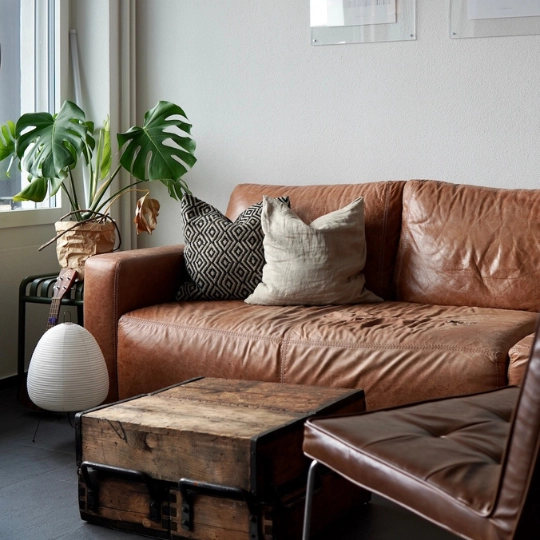 Wohnzimmer mit braunem Ledersofa im rustikalen Stil.